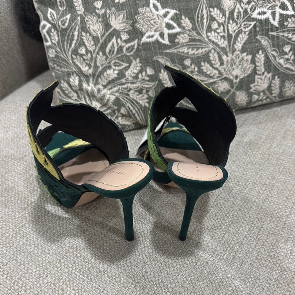 Zara Green and Yellow Leaf Design Women's Heels - Picture 2 of 4
